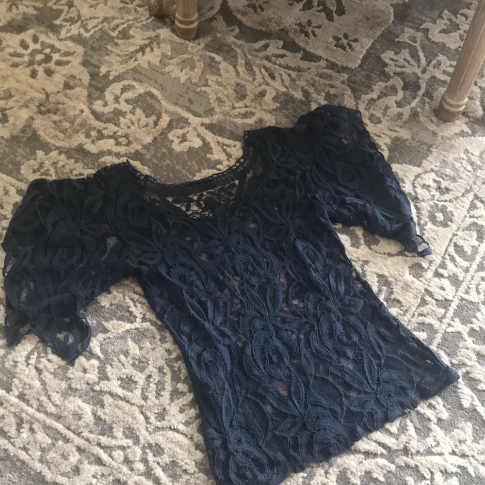 Navy Lace Short-Sleeve Women's Top